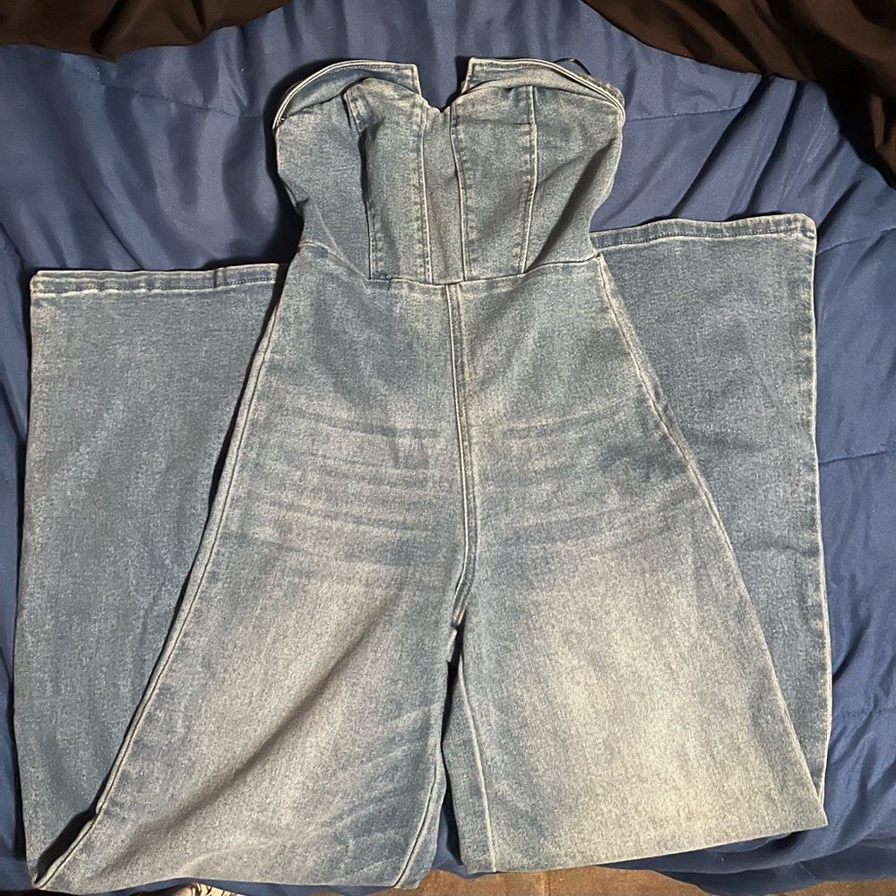 Forever 21 Light Blue Denim Wide Leg Jumpsuit